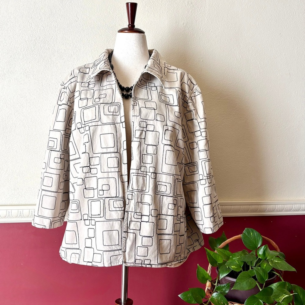 Telluride Clothing Co. Cotton Jacket Tan Black Geometric Embroidered Women's 3X